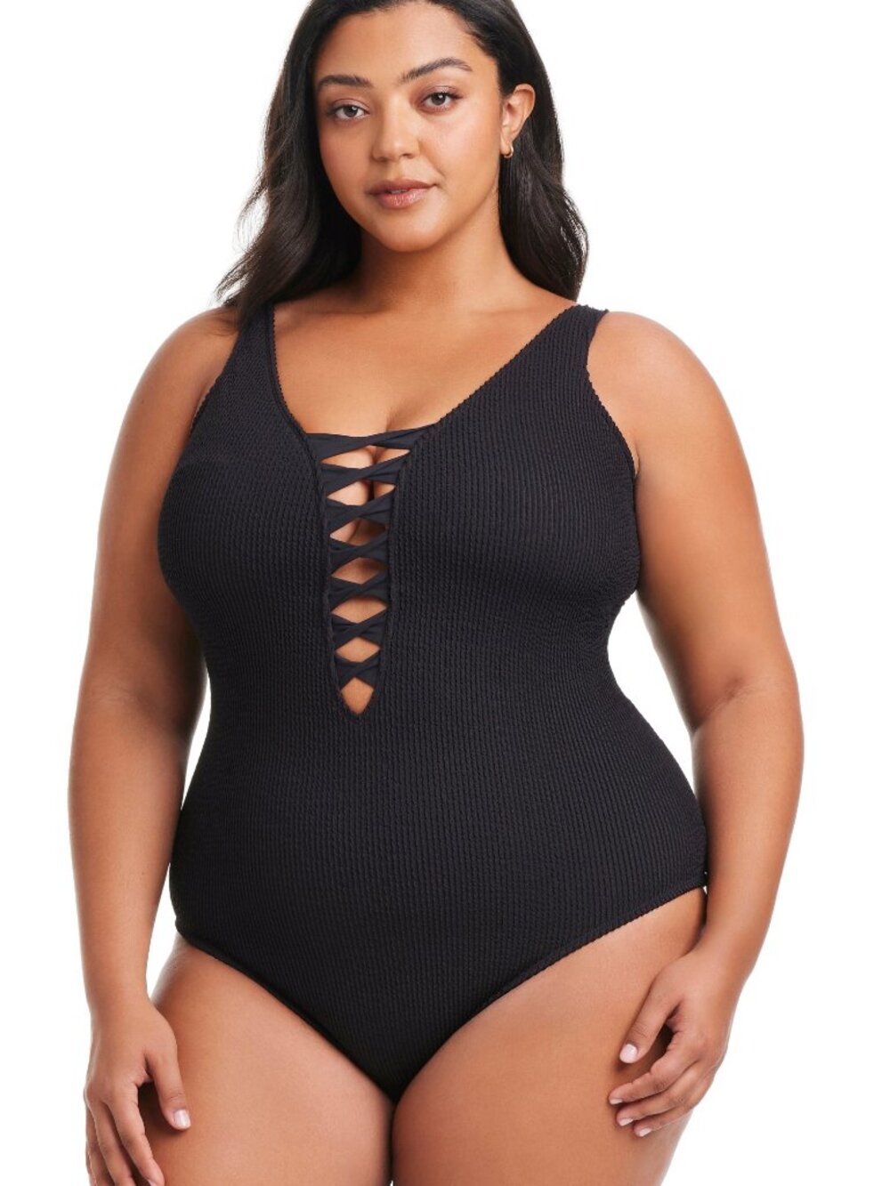 Bleu Rod Beattie Plus Size Lace Up One Piece Swimsuit Black 20W NWT